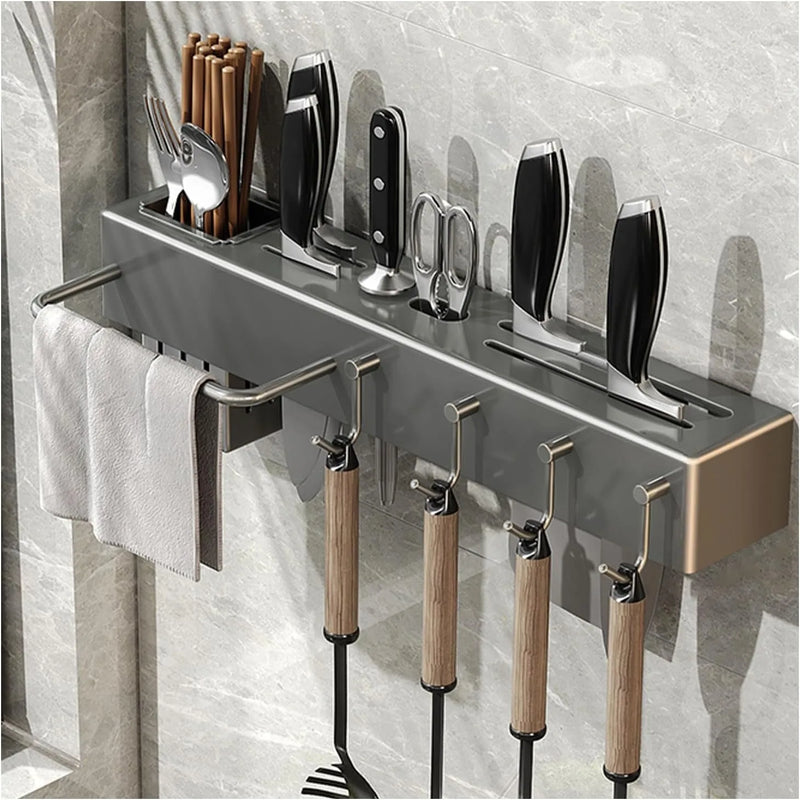 Wall Kitchen Organizer Shelf, Spice Storage, Rack, Knife Rack, Seasoning, Spice, Spoon, Shade, Silver