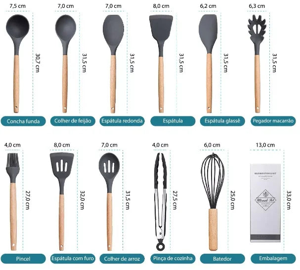 Kit 12 Kitchen Utensils In Silicone And Wooden Cable