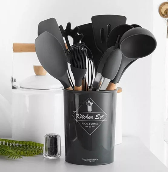 Kit 12 Kitchen Utensils In Silicone And Wooden Cable