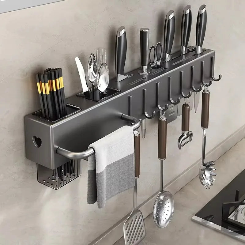 Wall Kitchen Organizer Shelf, Spice Storage, Rack, Knife Rack, Seasoning, Spice, Spoon, Shade, Silver